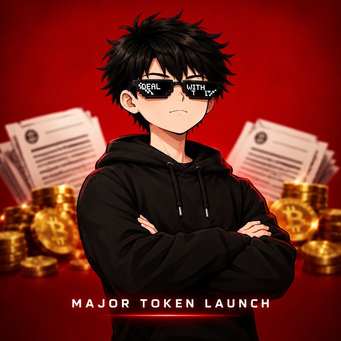An anime-style illustration of a young man with black hair and sunglasses reading 'IDEAL WITH IT', standing with arms crossed in front of stacks of Bitcoin coins and documents, captioned 'MAJOR TOKEN LAUNCH'.