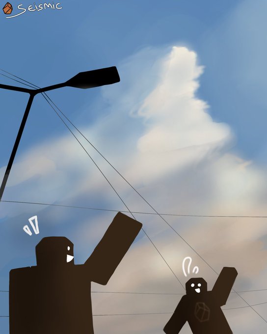 A minimalist illustration with the "SEISMIC" logo at the top, showing two dark silhouette figures against a blue sky with clouds and power lines.