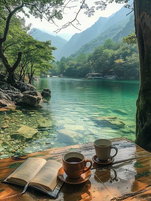 The image shows a wooden table with two cups of coffee placed on top of it. There are also an open book and a notebook nearby. The scene takes place near a body of water, possibly a lake or river, surrounded by mountains. The setting appears to be peaceful and serene, providing the perfect atmosphere for reading and enjoying a cup of coffee.
