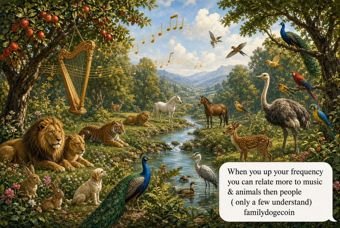 The image shows a lush Edenic scene with various animals—lions, tigers, horses, deer, an ostrich, peacock, parrots, and rabbits—gathered around a stream, with a golden harp hanging from an apple tree as musical notes float through the air. A text box reads: "When you up your frequency you can relate more to music & animals then people (only a few understand) familydogecoin," reinforcing the post's theme that those on a higher spiritual vibration find deeper connection with nature and music than with other people.