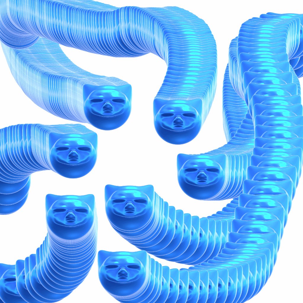 The image features a series of blue cat faces arranged in a zigzag pattern, creating an illusion that they are walking or running down a hallway. The cats appear to be made out of paper mache with their eyes closed, giving them a whimsical appearance. The text "mederuCat:1" is present in the image, which could potentially be a reference to the creator of this unique cat design or an identifier for the specific series of images.