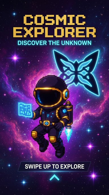 A vibrant space-themed promotional graphic titled 'COSMIC EXPLORER - DISCOVER THE UNKNOWN' featuring a pixel-art astronaut holding a holographic blueprint, with a glowing blue butterfly symbol and 'SWIPE UP TO EXPLORE' text.