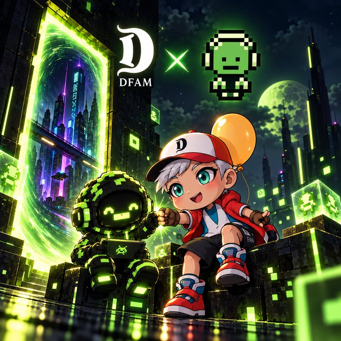 Digital art collaboration image featuring the DFAM logo with an animated chibi boy holding a balloon next to a green robot, set against a neon green cyberpunk cityscape.