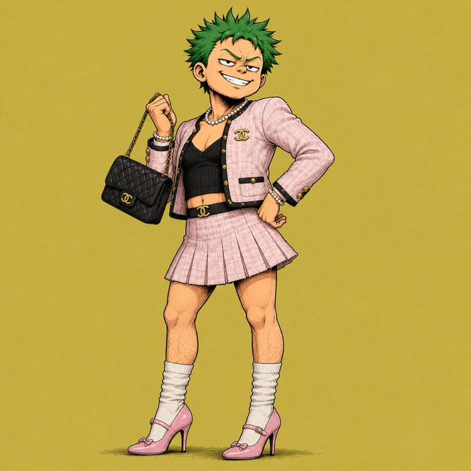 The image shows a character with spiky green hair in a smug pose, wearing a pink tweed Chanel-style skirt suit with a black quilted Chanel bag, paired with white leg warmers and pink heels. The accompanying "Fk u crisp" caption reinforces the character's arrogant, cocky demeanor conveyed through his confident stance and sly grin.
