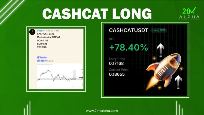 A promotional graphic titled 'CASHCAT LONG' from 21M Alpha, featuring a trading signal for CASHCATUSDT showing a +78.40% ROI, an entry price of 0.17168, and a current price of 0.18655, with a 'BIBIT' rocket illustration.