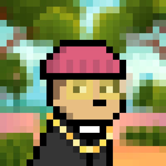 A pixel art image depicting a character with yellow skin wearing a pink/red hat and dark clothing, set against a green and blue background.