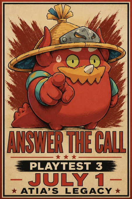 The image is a vintage-style poster featuring a red, axie-like creature wearing a straw hat and pointing forward, with the text "ANSWER THE CALL," "PLAYTEST 3," "JULY 1," and "ATIA'S LEGACY," promoting the registration for Axie Infinity's Atia's Legacy Playtest 3.