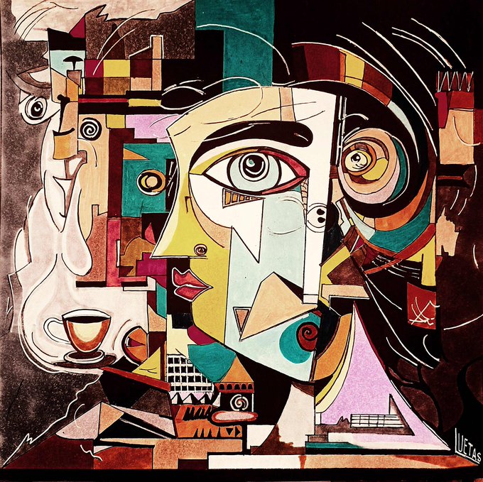 Cubist-style abstract painting featuring fragmented geometric shapes forming a face with large eyes, in a palette of teal, yellow, red, and brown, signed 'VETAS'.