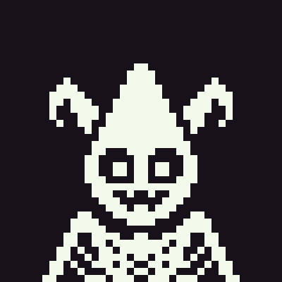 A minimalist, pale green pixel-art figure of a horned creature with pointed ears and a wide grin stands against a black background.