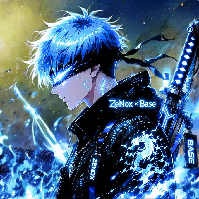 An anime-style digital artwork of a blue-haired character with glowing blue eyes, wearing a black jacket, with a sword on their back and the text "ZeNox × Base" visible.