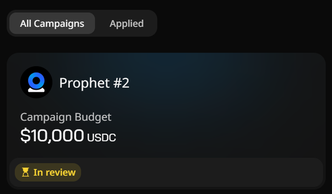 A dark app screen showing 'Prophet #2' campaign with a $10,000 USDC budget marked 'In review' under the Applied campaigns tab.