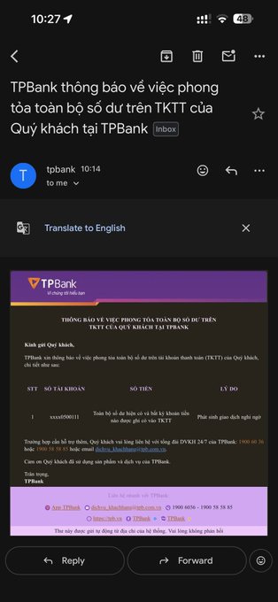 A mobile email screenshot from TPBank in Vietnamese, announcing the public release of TKTT account numbers to customers, with a Google Translate prompt to translate to English.