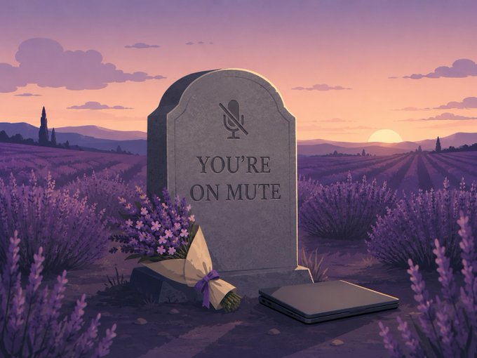 A digital illustration of a gravestone in a lavender field at sunset, engraved with a muted microphone icon and the text 'YOU'RE ON MUTE', with a bouquet of flowers and a closed laptop placed at its base.