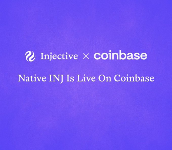 A purple promotional graphic displaying the Injective and Coinbase logos side by side, with the headline "Native INJ Is Live On Coinbase," announcing the listing of Injective's native $INJ token on the Coinbase exchange.