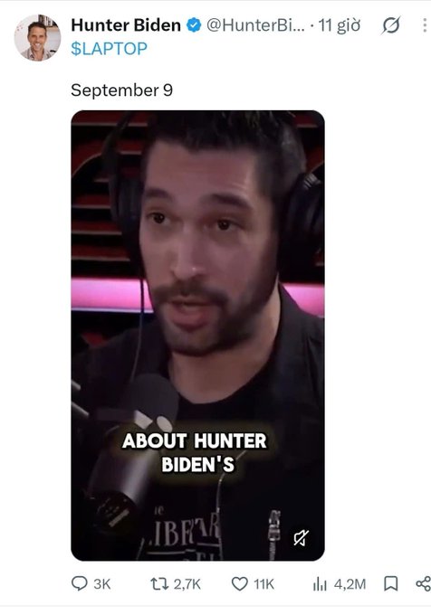 A tweet from verified user Hunter Biden (@HunterBi...) posted 11 hours ago, showing an image of himself wearing headphones with caption '$LAPTOP' and text overlay 'ABOUT HUNTER BIDEN'S', gaining 4.2M views.