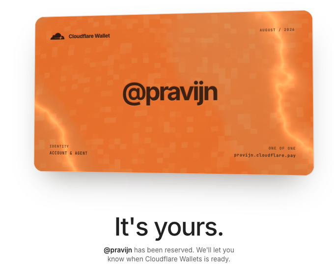 An orange Cloudflare Wallet card reserved for '@pravijn', dated August 2024, with the text 'It's yours. @pravijn has been reserved. We'll let you know when Cloudflare Wallets is ready.'