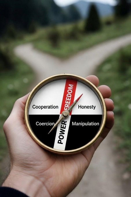 A hand holds a compass at a forked path in nature, its face divided into four quadrants labeled "Cooperation," "Honesty," "Coercion," and "Manipulation," with a red arrow pointing toward "Honesty" and "Freedom" inscribed vertically — symbolizing the moral crossroads the Bitcoin community faced during the BIP-110 debate, where the choice between ethical cooperation and coercive manipulation ultimately determined the path forward.
