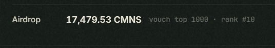 A dark-themed graphic displaying 'Airdrop 17,479.53 CMNS' with text noting 'vouch top 1000 · rank #10'.