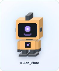 A pixel art illustration of a tan robot with a purple face display, captioned 'X Jen_2kne' at the bottom.