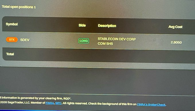A screenshot of a trading platform showing one open position: STK SDEV (Stablecoin Dev Corp) LONG with an average cost of 2.8050, with disclaimer about information generated by clearing firm RQD+ and SageTrader, LLC being a member of FINRA and SIPC.