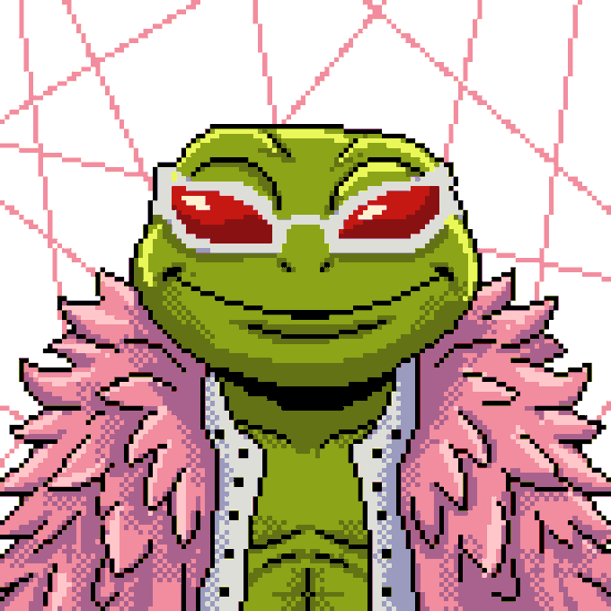 A pixel art image of a green-skinned character with red and silver sunglasses, wearing a pink feathered jacket over an open white shirt.
