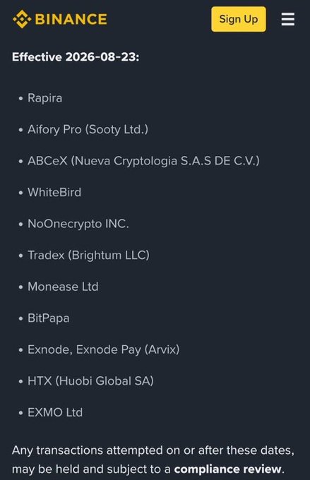 A Binance delisting notice effective 2026-08-23 lists several cryptocurrency services including Rapira, Aifory Pro (Sooty Ltd.), ABCeX, WhiteBird, NoOnecrypto INC., Tradex, Monease Ltd, BitPapa, Exnode, HTX, and EXMO Ltd.