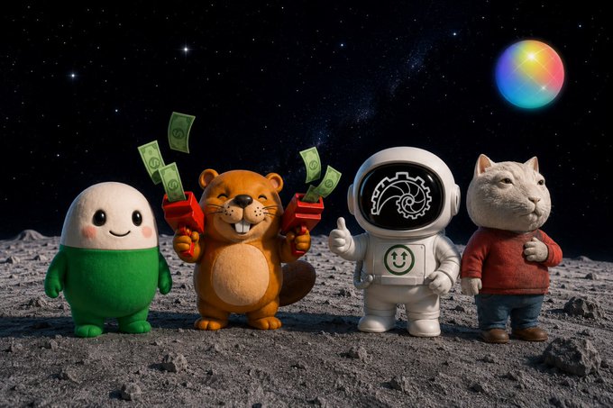 Four cartoon characters—a green egg-shaped figure, a beaver holding dollar bills, a robot astronaut, and a cat in a red sweater—stand on a lunar surface beneath a colorful planet and starry sky.