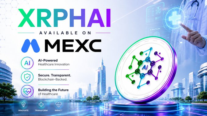 Advertisement showing 'XRPHAI AVAILABLE ON MEXC' highlighting AI-Powered Healthcare Innovation with a coin featuring an AI molecular structure.