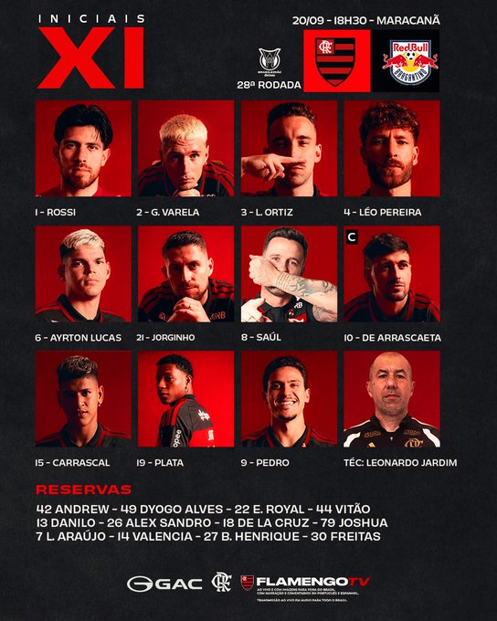 The image displays Flamengo's starting XI for their 28th round match against Red Bull Bragantino on 20/09 at 18h30 at Maracanã, featuring players like Rossi, Varela, Ortiz, Léo Pereira, Ayrton Lucas, Jorginho, Saúl, De Arrascaeta (captain), Carrascal, Plata, and Pedro, with coach Leonardo Jardim, plus a list of substitutes — setting the stage for "Noite de mengo" (a night of Flamengo).