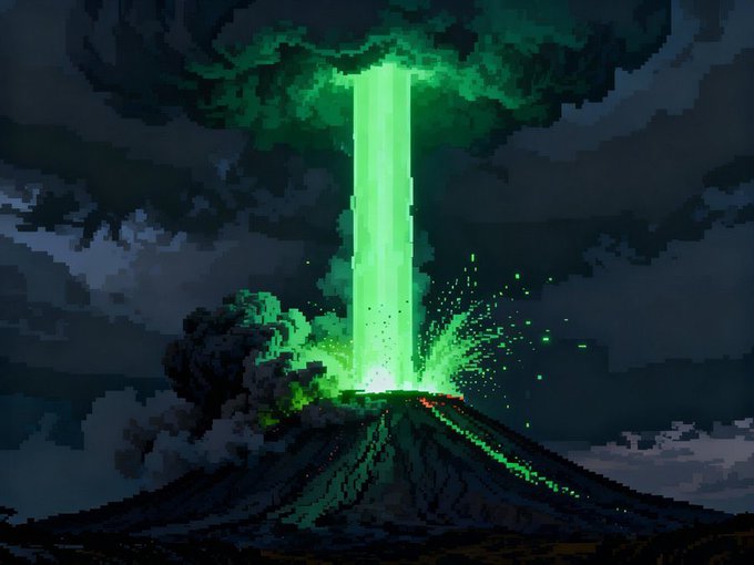 The image features an animated scene of a volcano with a green light coming out from its top, possibly indicating a lava flow or a geyser. The volcano is situated at the center of the frame, surrounded by smoke and ash that are characteristic of a volcanic eruption. In the background, there's a cloudy sky, which adds to the dramatic atmosphere of the scene.
