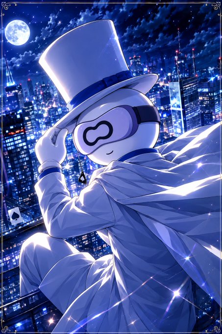 An anime-style illustration of a white robot-like character wearing a top hat and VR goggles, tipping its hat while overlooking a sparkling city skyline at night with a full moon and playing cards floating in the air.