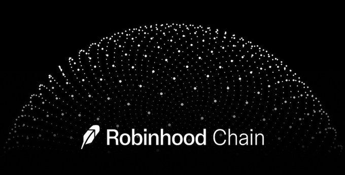 A dark digital animation showing a rotating dome made of white dots above the 'Robinhood Chain' logo and name in white text.