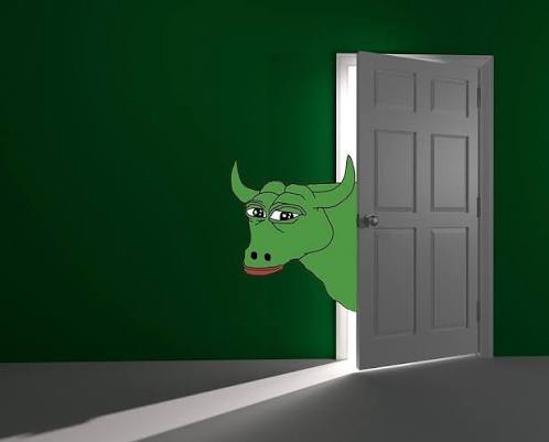 A cartoon green bull's head pokes out from behind an open white door in a green room, visually representing the "GM bulltards" rallying cry to send crypto prices soaring to the stratosphere.