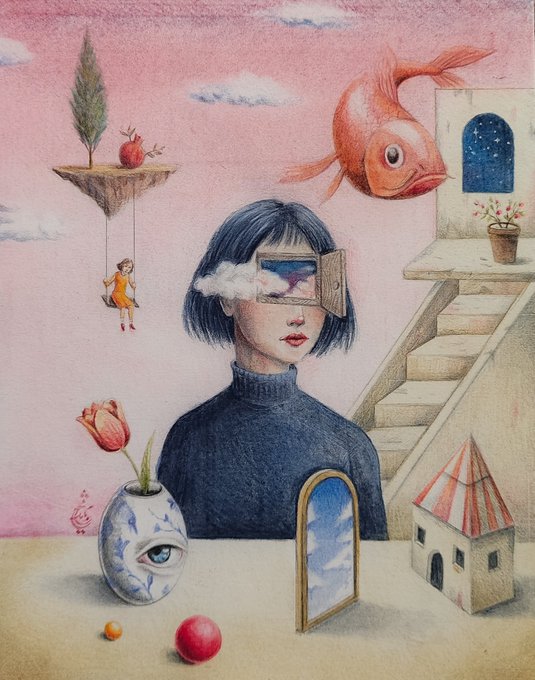 A surreal colored pencil drawing depicting a person with a door opening on their head, surrounded by floating elements like a red fish, a girl on a swing, a vase with a single eye, and miniature buildings.