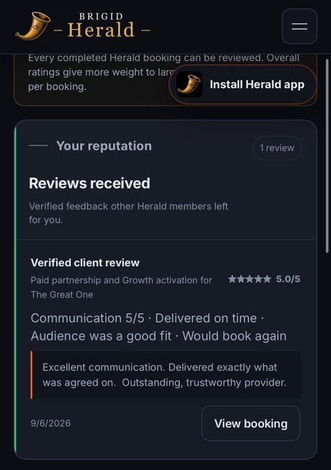The Brigid Herald app displays a 'Your reputation' page with a 5.0/5 star verified client review praising excellent communication, on-time delivery, and being a trustworthy provider, dated 9/6/2026.