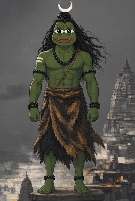 A cartoon-style illustration of a green-skinned muscular figure with long dark hair, wearing prayer beads and a fur skirt, standing in front of a temple with a crescent moon above.
