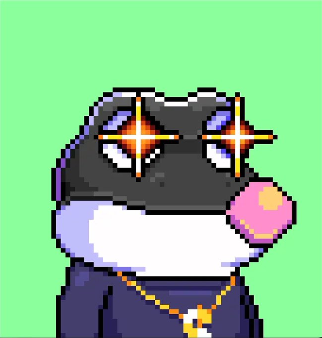 Pixel art of a dark grey frog character with star-shaped glowing eyes, blowing a pink bubblegum bubble, wearing a gold chain, set against a green background.
