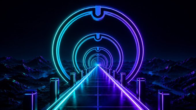 A glowing neon tunnel with cyan and purple circular arches stretches into a futuristic horizon, symbolizing the convergence of advanced technologies. The sci-fi imagery visually reinforces the post's theme of integrating AI-powered features into a Web3 ecosystem to enhance research, transparency, and informed decision-making.