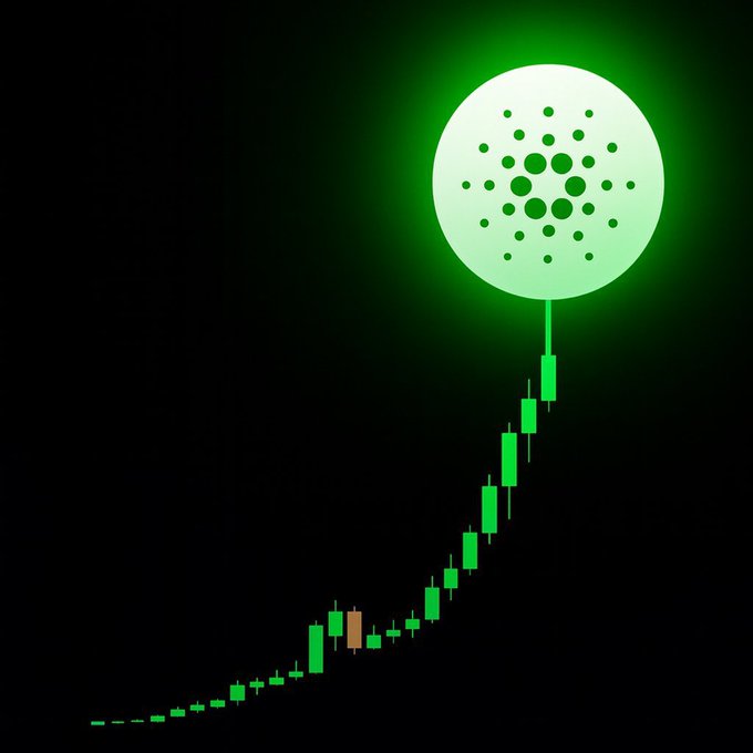 The Cardano (ADA) cryptocurrency logo, a green dotted circle, sits above a green candlestick chart showing an upward trend on a black background.