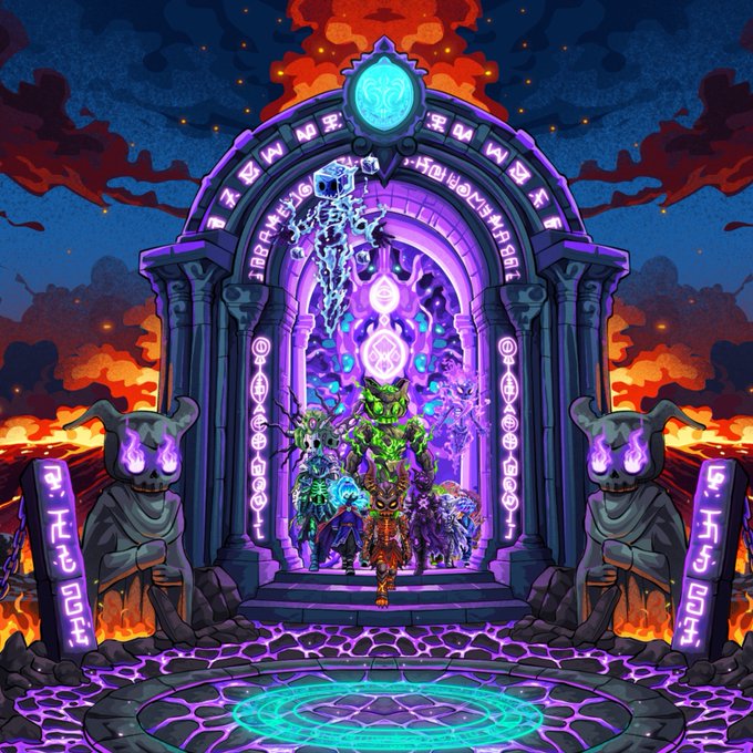 A pixel art video game scene depicts an orc warrior holding a blue glowing weapon standing on a glowing circular platform in front of an ornate purple portal flanked by two horned statues.