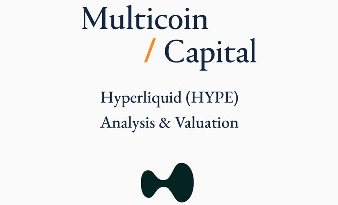 The image shows a Multicoin Capital branded slide titled "Hyperliquid (HYPE) Analysis & Valuation," featuring their logo and a dark green abstract icon, which serves as the header/cover for their research report on valuing Hyperliquid using cash flow multiple methodology.