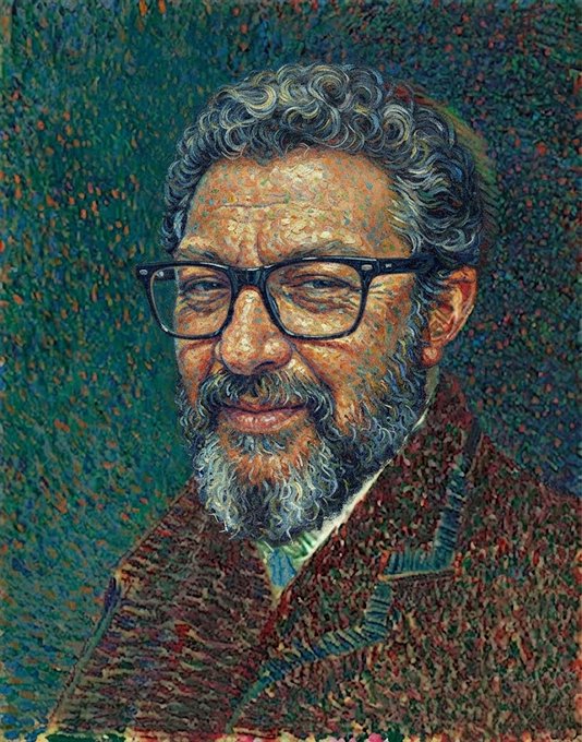 A pointillist-style portrait painting of a bearded man with glasses, smiling warmly against a textured green background.