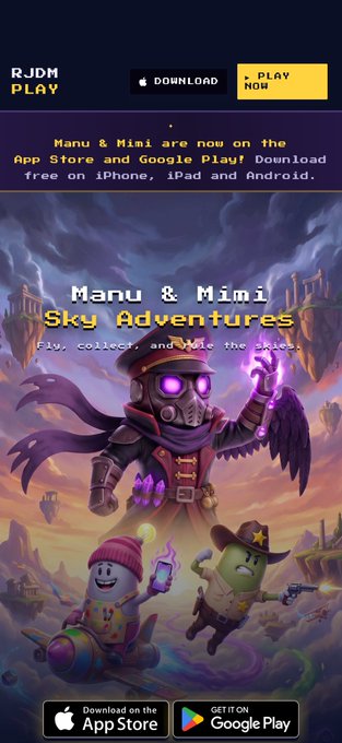 A promotional mobile app poster for 'Manu & Mimi Sky Adventures' featuring the tagline 'Fly, collect, and rule the skies,' with download buttons for the App Store and Google Play.
