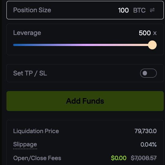 A trading interface from Avantis displaying a 100 BTC position with 500x leverage, showing zero open/close fees ($0.00), 0.04% slippage, and a liquidation price of 79,730.0, illustrating the zero-fee, low-spread trade referenced in the PSA.