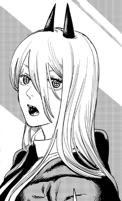 A black and white manga-style illustration shows a pale woman with long hair, dark horns, and distinctive spiral eyes wearing a dark top.