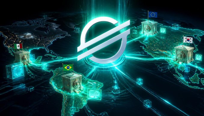 A futuristic digital illustration depicts a glowing world map with the Stellar (XLM) cryptocurrency logo prominently in the center, surrounded by interconnected vault-like cubes topped with various country flags.
