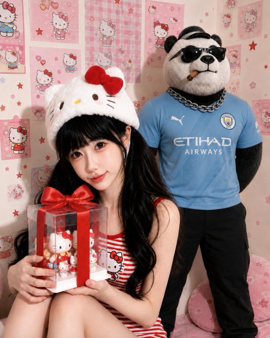 Kawaii-style photo of a young woman in a Hello Kitty hat holding a gift box with a Hello Kitty plush, alongside a panda mascot wearing sunglasses and a Manchester City Etihad Airways jersey in a pink Hello Kitty-themed room.