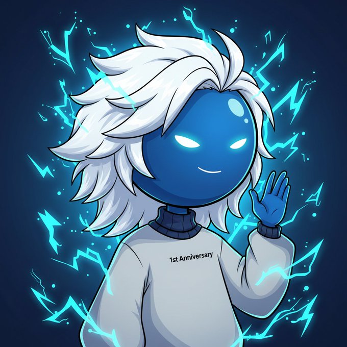 An animated character with a blue round head, glowing white eyes, and wild white hair wears a white sweater labeled "1st Anniversary," waving while surrounded by blue lightning effects.
