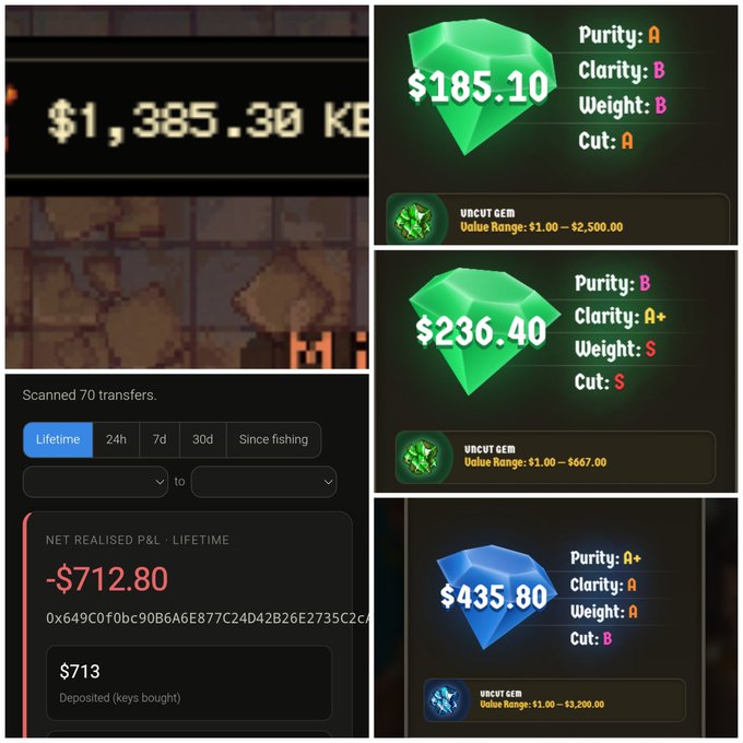 Screenshots showing in-game gem values from a game with prices ranging from $185.10 to $435.80, alongside a transaction history showing a net realized P&L of -$712.80 from 70 transfers.