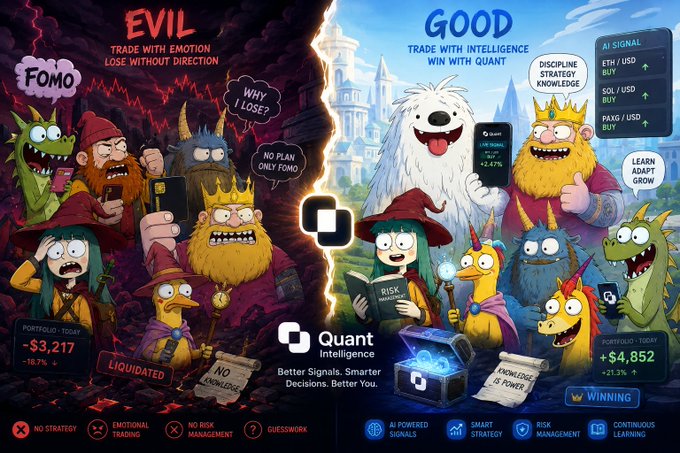 A promotional graphic for 'Quant Intelligence' trading platform contrasting 'EVIL' emotional trading (FOMO) on the left with 'GOOD' intelligent AI-powered trading on the right, showing portfolio differences of -$3,217 vs +$4,852.